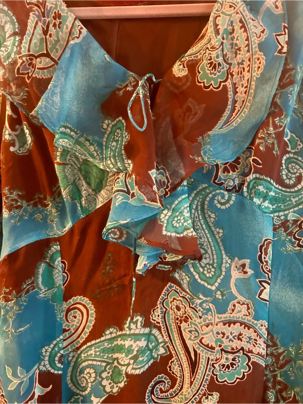 Donna Morgan Teal and Brown Paisley Ruffle knee length dress